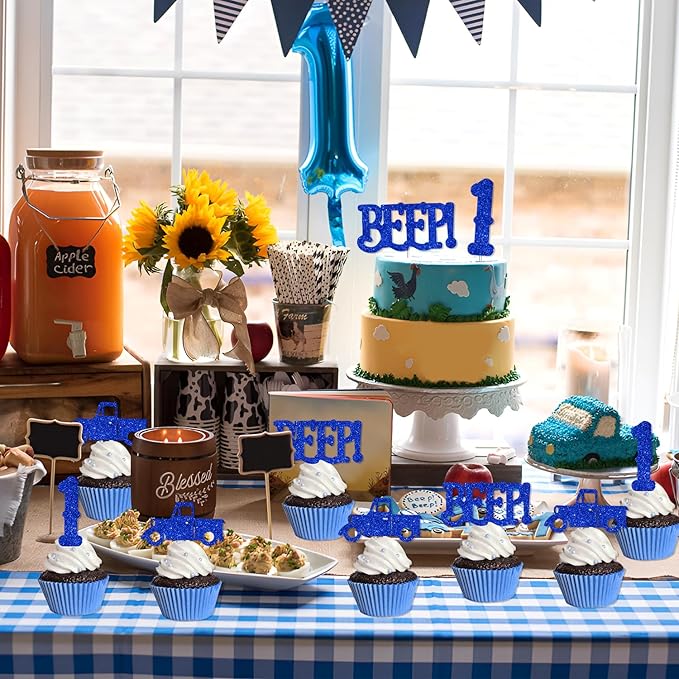 24Pcs Blue Truck 1st Birthday Cupcake Toppers Blue Truck Beep Beep Beep Cake Decorations for Boys and Girls Farm Themed 1st Birthday Party Decor Glitter Cake Decor Car Themed Party Supplies