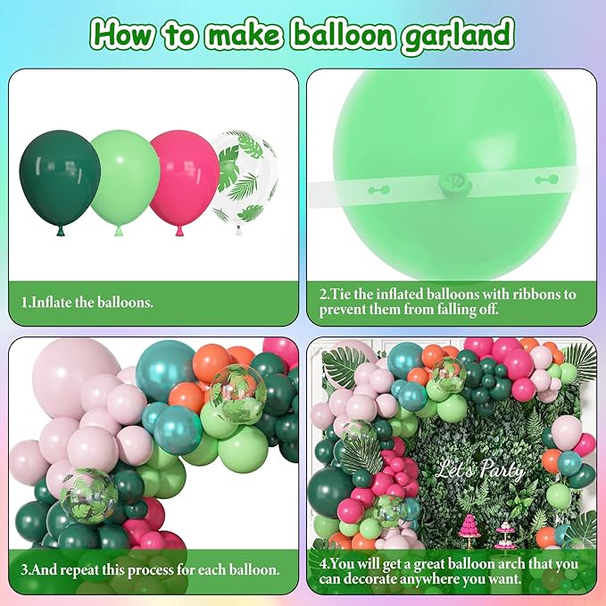 Ouddy Life 156pcs Tropical Balloons Arch Garland Kit, Hawaiian Summer Luau Party Decorations, Hot Pink Dark Green Orange Palm Leaves Balloons for Aloha Flamingo Beach Pool Baby Shower Birthday Decor