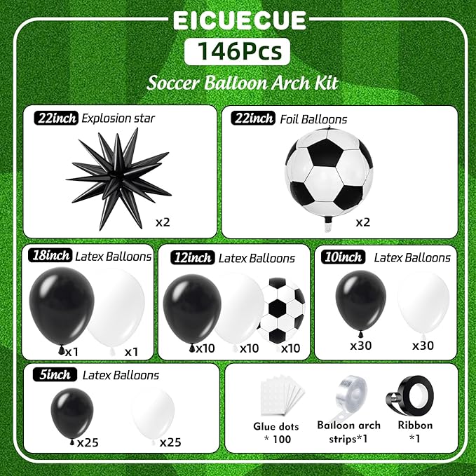 Soccer Balloons Garland Arch Kit with Stars 146Pcs - 5 10 12 18inch Balloon and 22inch Soccer & Star Foil Balloons for 2026 Football Sports Theme Birthday Anniversary Party Decorations