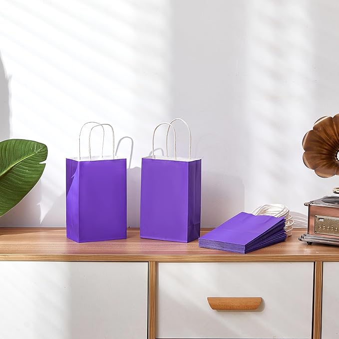 SUNCOLOR 12-Pack Purple Gift Bags with Handles – 8" Recyclable Small Paper Goodie Bags for Party Favors, Birthdays, Baby Showers, Princess Parties & Weddings