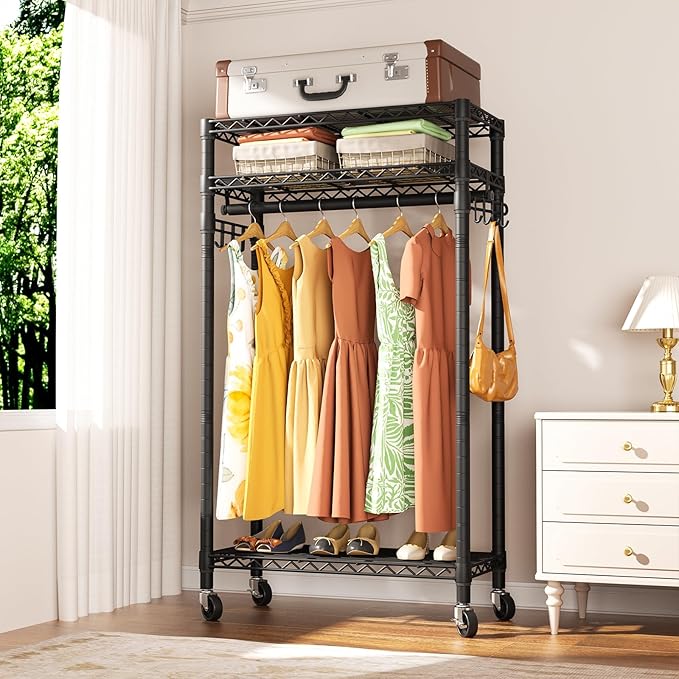 Heavy Duty Clothes Rack Rolling Garment Rack,3 Tier Adjustable Wire Shelving Clothing Racks for Hanging Clothes with Hanger Rod&Side Hooks,Freestanding Wardrobe Storage Rack Metal Portable Closet