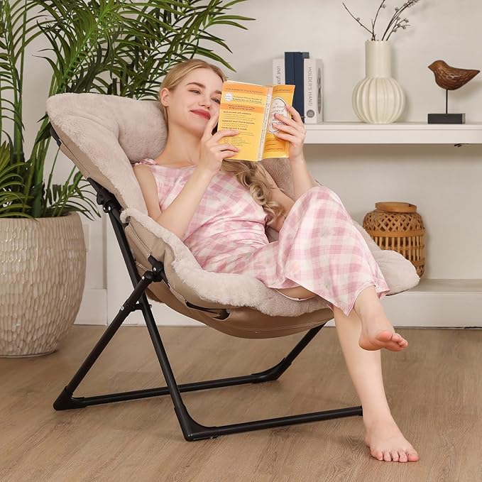 Comfy Saucer Chair for Adults, Set of 2, Soft Faux Fur Bedroom Chair, Accent Dorm Chairs, Flexible Living Room Reading Chairs, Oversized Folding Lounge Seat for Teens, X-Large, Camel