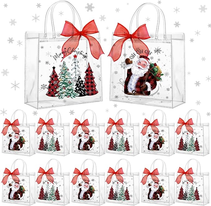 Motipuns 24 Pcs Clear PVC Gift Bags with Handles and Ribbon Party Favor Reusable Plastic Goodie Candy Treat Bags for Birthday Party Supplies(Tree)