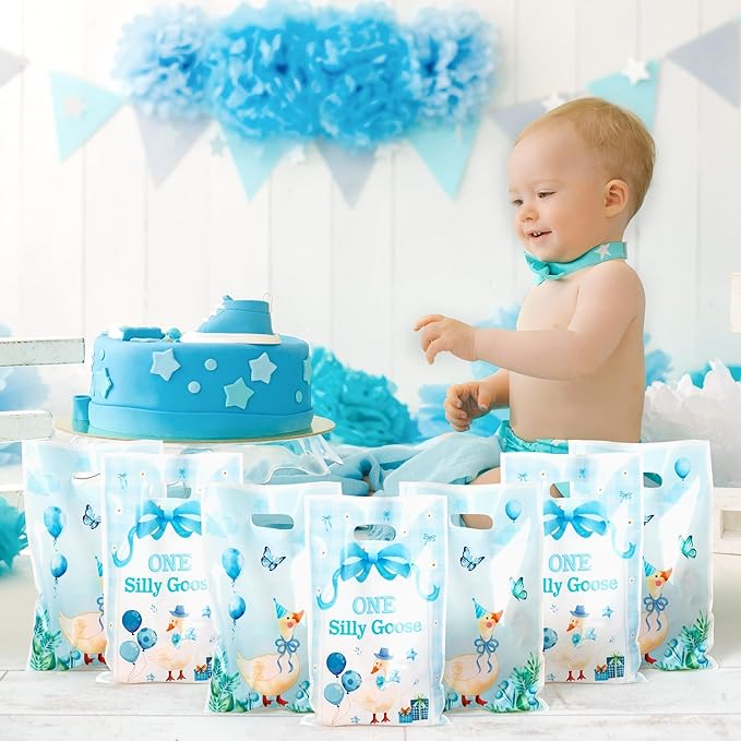 ANGOLIO One Silly Goose Party Favor Bags, 50Pcs Summer Blue Bow Silly Goose Goodie Candy Treat Plastic Gift Bags, Flowers Balloon Themed Party Supplies Birthday Baby Shower Wedding Gifts for Boy Girl