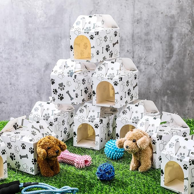 Gilprop 24 Pcs Dog House Party Favor Box Dog House Shaped Treat Gift Boxes with Holes Paw Bone Candy Goodie Cases for Puppy Pet Adoption Pet Birthday Shower Decoration(Not Include Stuffed Animals)