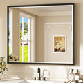 Keonjinn 42" x 36" Black Bathroom Vanity Mirror, Brushed Black Metal Framed Mirrors for Wall, Tempered Glass Beveled Edge, Shatterproof, Rectangular Modern Farmhouse Mirror for Dining Room, Hallway