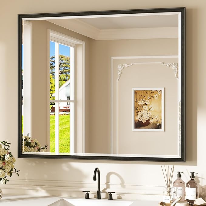 Keonjinn 42" x 36" Black Bathroom Vanity Mirror, Brushed Black Metal Framed Mirrors for Wall, Tempered Glass Beveled Edge, Shatterproof, Rectangular Modern Farmhouse Mirror for Dining Room, Hallway