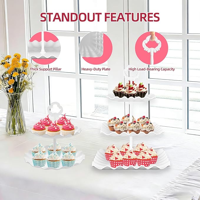 13PCS Cupcake Stand Set, 2-Tier Round & 3-Tier Square Trays, 4 Small Square + 4 Rectangle Platters, Tiered Dessert Display for Candy Cookies Cake Pops, Wedding Baby Shower Birthday Party Decorations