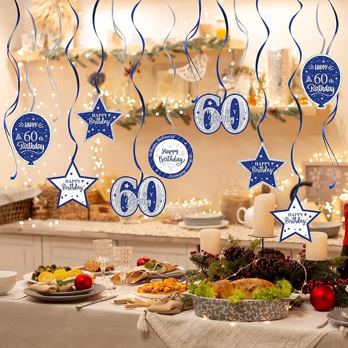 Happy 60th Birthday Blue & Silver Glitter Swirls Streamers Party Decorations - 15 Pcs 60th Birthday Hanging Swirls Streamers Kit,Cheers to Sixty Years Old Bday Party Sign.