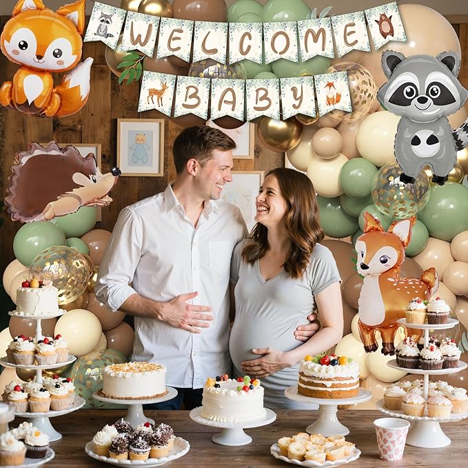 167Pcs Woodland Animals Baby Shower Decorations, Woodland Balloon Garland Arch Kit with Welcome Baby Banner Sage Green Brown Neutral Forest Animal Foil Balloons for Forest Safari Jungle Party Supplies