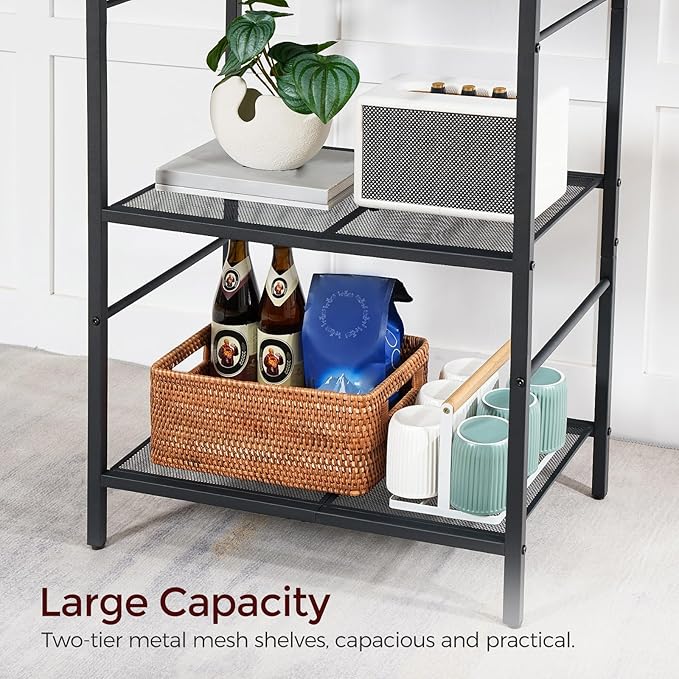 MAHANCRIS Bakers Rack with Power Outlet, Kitchen Storage Shelf with 6 Hooks, Microwave Stand with Storage, 4-Tier Coffee Bar Station, for Kitchen, Dining Room, Charcoal Gray and Black BRHT35E01N1