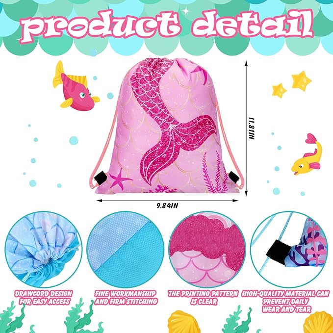 Shappy 24 Pack Drawstring Party Favors Bags Cartoon Animal Candy Goodie for Boys Birthday Kids Gift Return Girls Supplies(Mermaid)