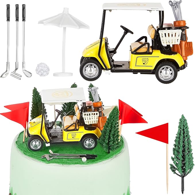 Leitee 21 Pcs Golf Cake Topper Cake Decoration Cupcake Topper Include Mini Cart Red Flag Ball Green Tree Club Sun Umbrella for Golf Themed Birthday(Yellow,Classic)