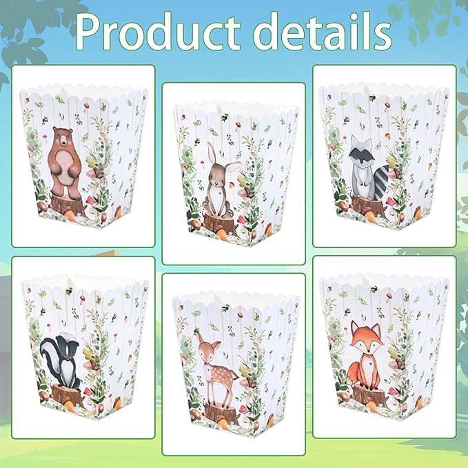 LaVenty 12 PCS Woodland Animals Forest Popcorn Boxes Favor Treat Candy Goodies Bags for Bear Fox Deer Birthday Party Supplies