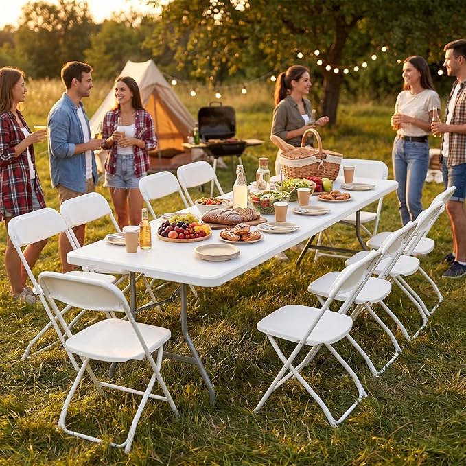 DUMOS 7.8 FT Folding Picnic Table Easy to Fold and Store, Foldable Table for Camping Picnic Dining Party Kitchen Outdoor Indoor with Carrying Handle