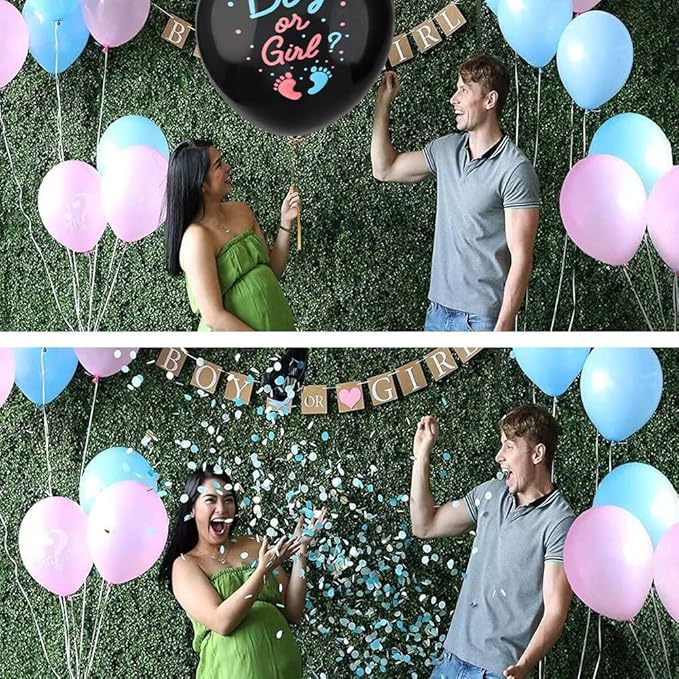 Gender Reveal Balloon, 36 Inch Black Gender Reveal Balloon Big Boy or Girl Balloon Kit with Footprint Blue and Pink Confetti for Baby Genders Reveal Ideas Party Decorations Baby Shower Party Supplies