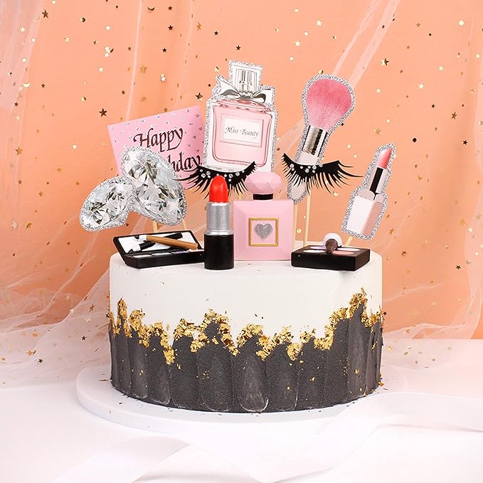 Ercadio 4Pcs Resin Make Up Cake Toppers 3D Cosmetics Lipstick Perfume Bottle Cake Picks for Makeup Birthday Cake Decors Bridal Shower Bachelorette Makeup Party Decorations Supplies