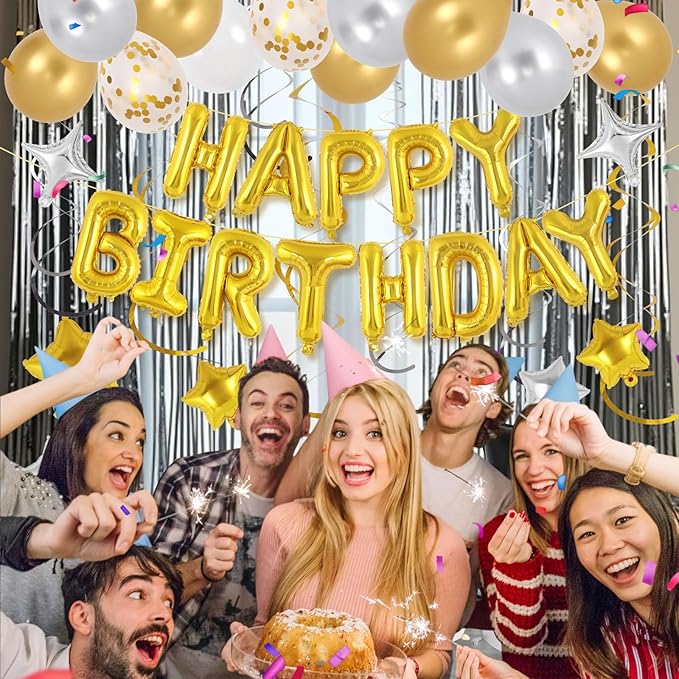 55 Pcs Happy Birthday Balloons Letters Banner with 35 Pcs Star Foil Balloon, 20 Pcs Latex Balloons, 6 Hanging Swirls for Women Men Boys Girls Birthday Party Decorations Set ﻿ (Gold)