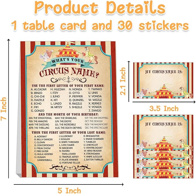 Circus Birthday Decorations, What's Your Circus Name, 1 Sign and 30 Name Stickers, Birthday for Adult Parties,Holiday Activity,supplies for Carnival Party Class Graduation Birthday