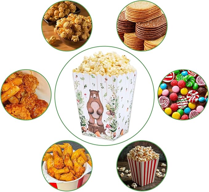 LaVenty 12 PCS Woodland Animals Forest Popcorn Boxes Favor Treat Candy Goodies Bags for Bear Fox Deer Birthday Party Supplies
