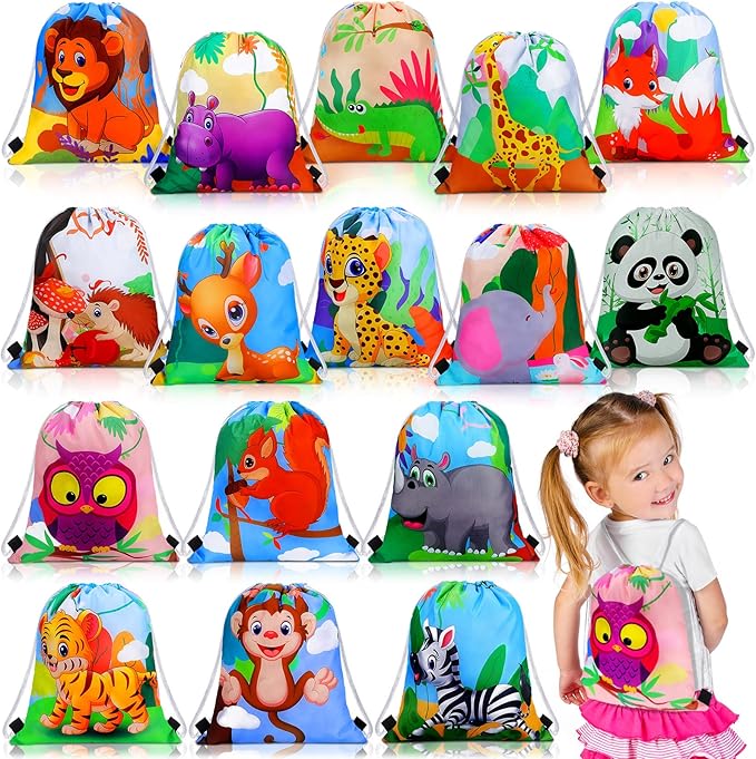 Gerrii 32 Pieces Jungle Animal Drawstring Bags Cartoon Animal Birthday Party Supplies Safari Wildlife Candy Goodie Treat Bags Safari Party Favors Gift for Kids Birthday Boy Girl Holiday Baby Shower