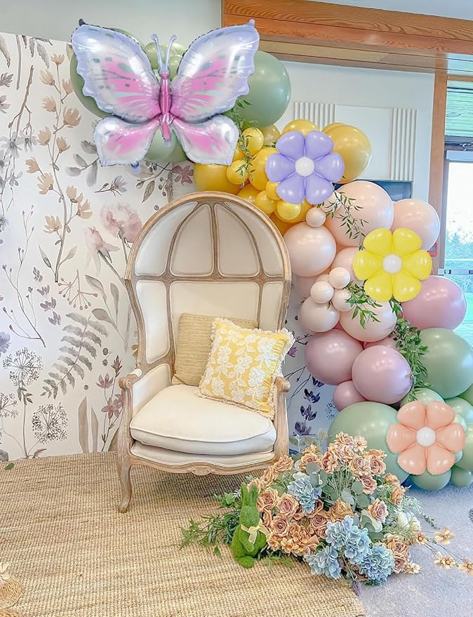 Spring Floral Butterfly Balloon Arch Garland Kit - Fairy Balloon Arch Pastel Green Purple Yellow Balloons with Daisy Balloons for Wildflower Baby Shower Birthday Tea Party Decorations