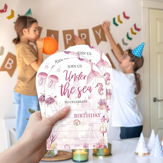 Under The Sea Birthday Party Invitations, Ocean Animals Mermaid Birthday Invitations for Girls, 20 Invitation Cards with Envelopes, Under the Sea Party Decorations 4x6 Inch