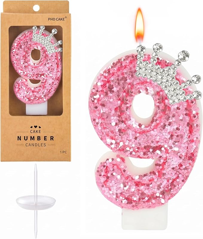 PHD CAKE Birthday Number Candles,Pink Crown Birthday Candles for Cake,Glitter Number 9 Candle Cake Topper with Sequins for Girls,Women, Anniversary Celebrations Supplies