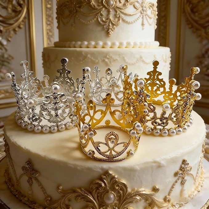 4 Pcs Crown Cake Topper Small Crystal Pearl Tiara Cupcake Toppers for Flower Arrangements Cupcake Queen Birthday Party Wedding Decor