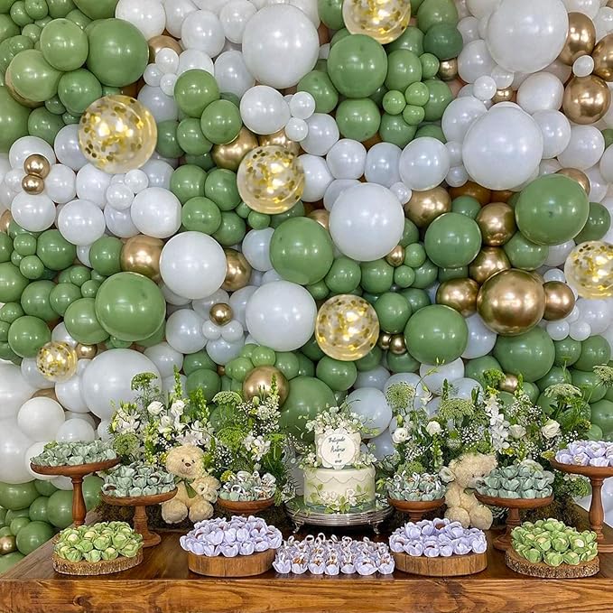CANREVEL 125pcs Sage Green Balloon Garland Arch Kit White Gold Confetti Balloons Retro Green Latex Balloon for Birthday Party Baby Shower Wedding Christmas Holiday Balloon Jungle Decorations