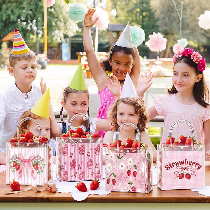 Teenyyou 24 Pcs Strawberry Clear Gift Bags Transparent PVC Tote Bags with Handles Reusable Strawberry Print Goodie Container for Theme Party, Birthday, Baby Shower, Wedding