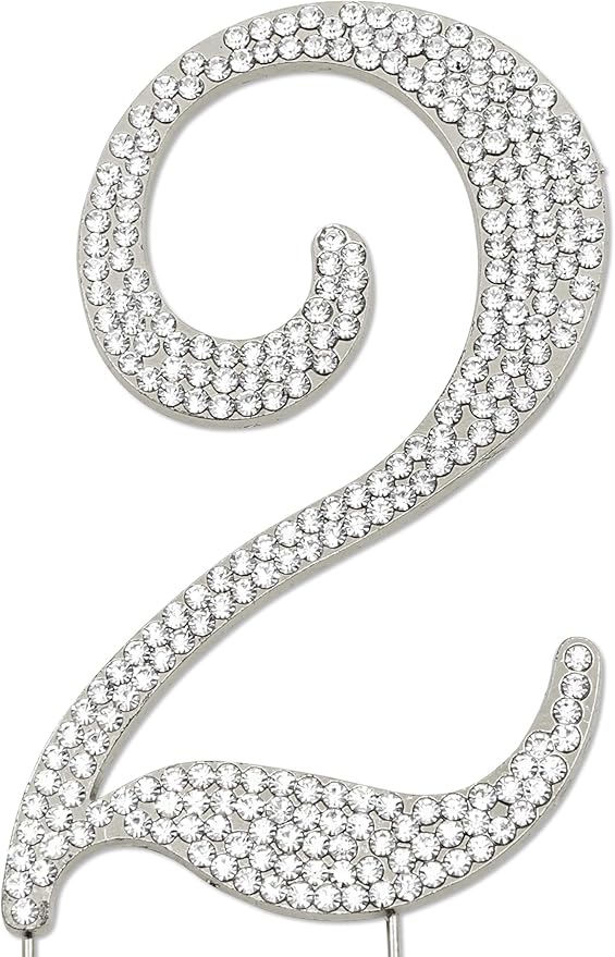 Sparkly Rhinestones Number 2 Cake Topper, Birthday Wedding Anniversary Silver Number 2