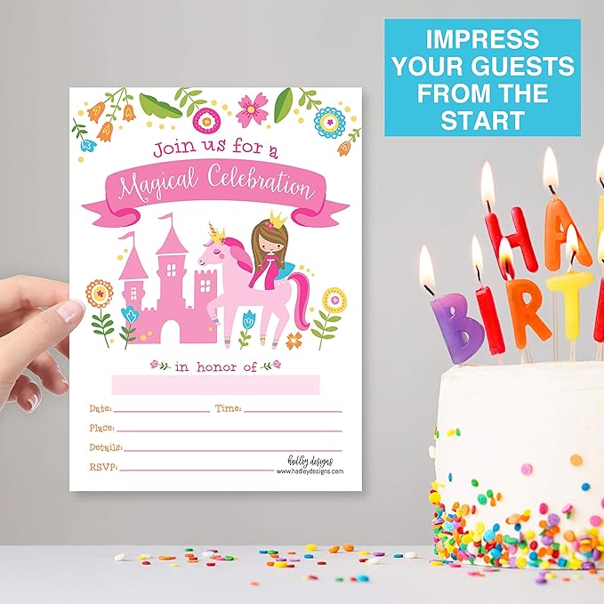 Hadley Designs Kids Birthday Invitations Girl Unicorn Theme - 25 Royal Birthday Party Invitations For Girls, Princess Invites For Girls, Cute Fairytale Party Supplies, Made in USA
