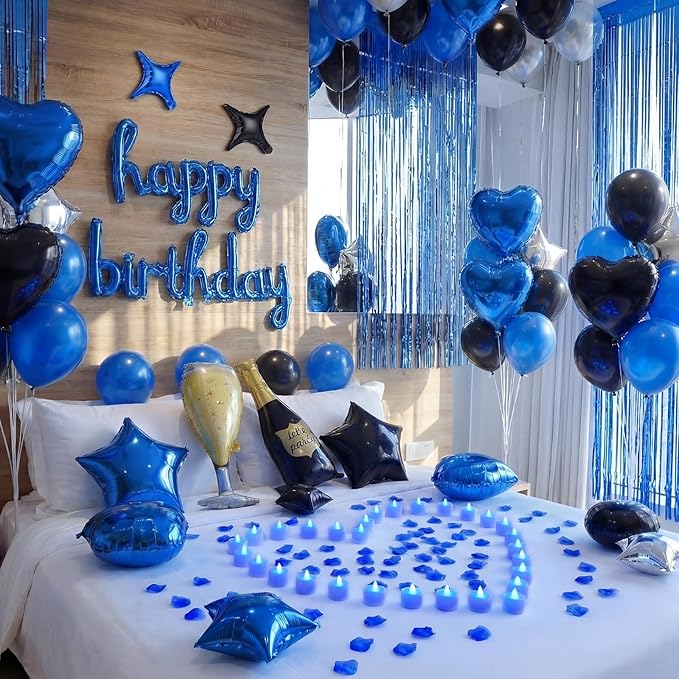 Realspring 120 Pcs Happy Birthday Decorations Set Balloons Letters Banner with Candle LED Light Champagne Bottle Wine Glass Rose Petals for Birthday Party Room Decor (Blue)