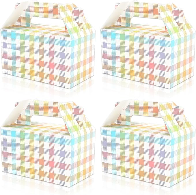 Whaline Gingham Treat Box with Handle 24 Pcs Candy Gable Boxes Spring Easter Goodie Candy Bags Pastel Checkered Plaids Cardboard Gift Box for Birthday Baby Shower Party Favors