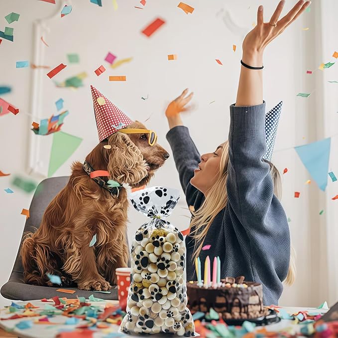 EatnMgan 200Pcs Dog Paw Print Cellophane Treat Bags,Cellophane Bags,Party Favor Gift Bags with 220Pcs Twist Ties for Pet-Themed Parties, Snacks, Candy, and Cookie Packaging (Black)