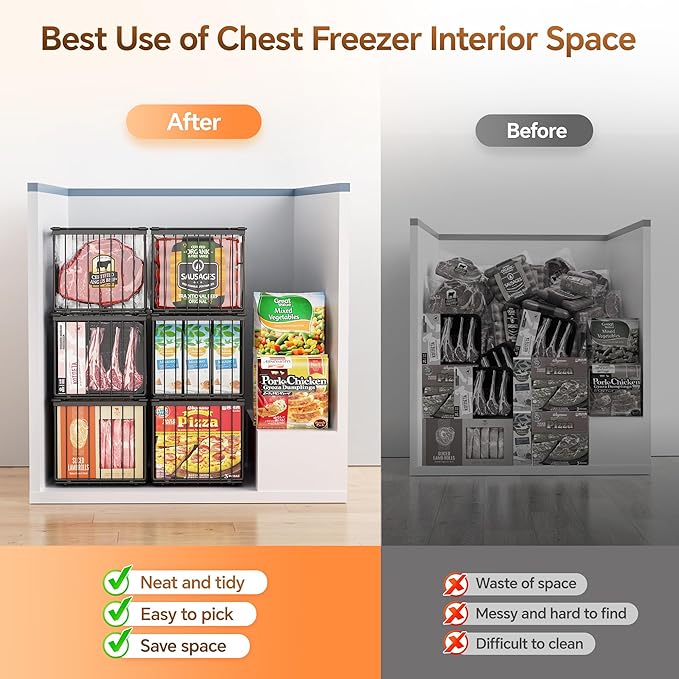 Freezer Organizer Bins, Enlarged Stackable Deep Chest Freezer Organizer Bins, Foldable Baskets with Handles, Storage Container Baskets for 5 to 9 Cu.FT Deep Freezer Sort Frozen Meats (black 3 pack)