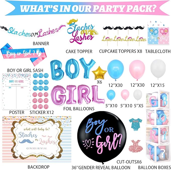 Hombae Staches or Lashes Gender Reveal Decorations, 169 PCs Boy or Girl Gender Reveal Decorations Backdrop Balloon Garland Banner Tablecloth Cake Cupcake Topper Box Cutout Poster Sash Pink Blue