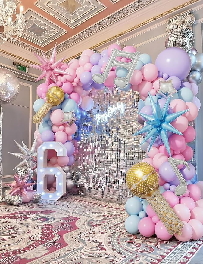 Pink Purple Blue Balloon Garland Arch Kit, Pastel Balloons with Microphone, Music Notes & Star Foil Balloons for Girls Birthday, Karaoke, Pop Music Theme Party Decorations