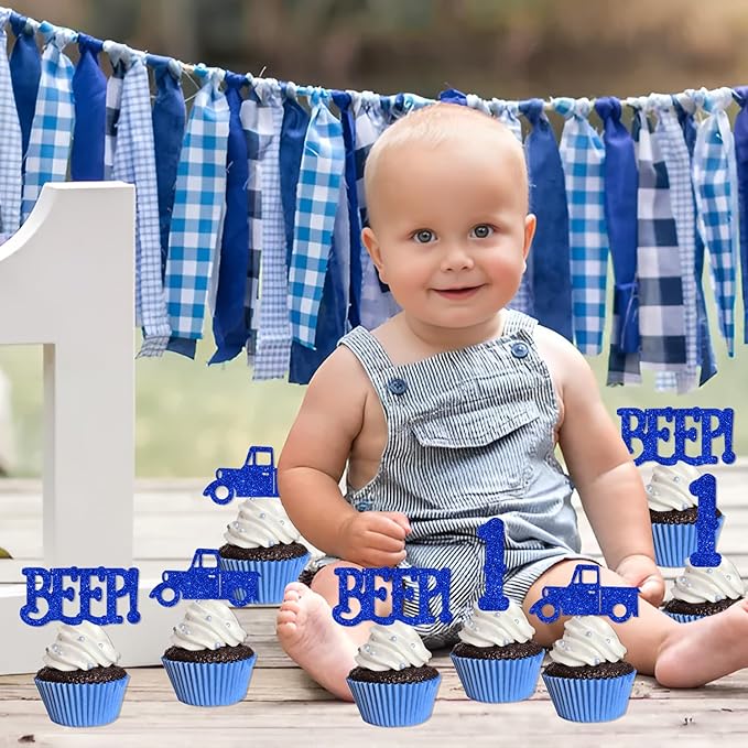 24Pcs Blue Truck 1st Birthday Cupcake Toppers Blue Truck Beep Beep Beep Cake Decorations for Boys and Girls Farm Themed 1st Birthday Party Decor Glitter Cake Decor Car Themed Party Supplies