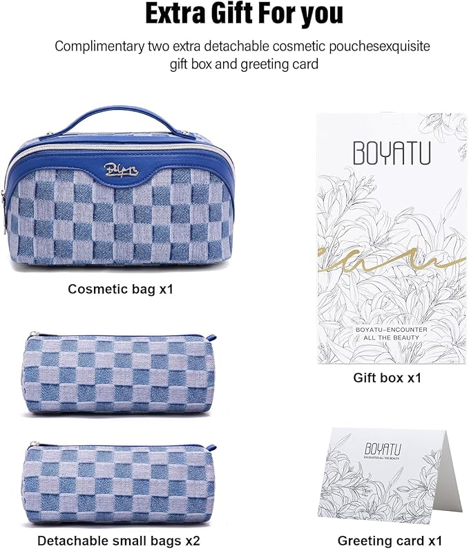 BOYATU Travel Makeup Bag for Women: Large Cosmetic Bag Set of 3 - PU Leather Make up Bag with Compartments - Compact Waterproof Toiletry Bag with Divider & Handle (D-1-Blue)
