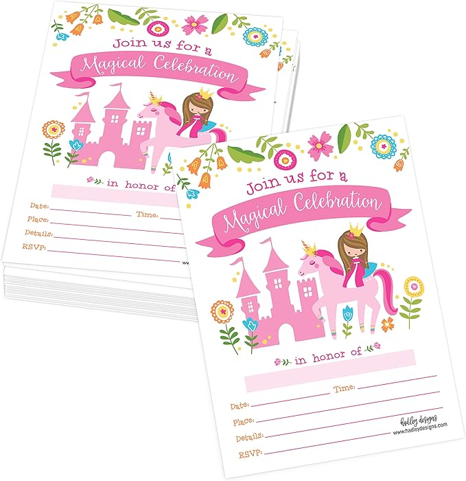 Hadley Designs Kids Birthday Invitations Girl Unicorn Theme - 25 Royal Birthday Party Invitations For Girls, Princess Invites For Girls, Cute Fairytale Party Supplies, Made in USA
