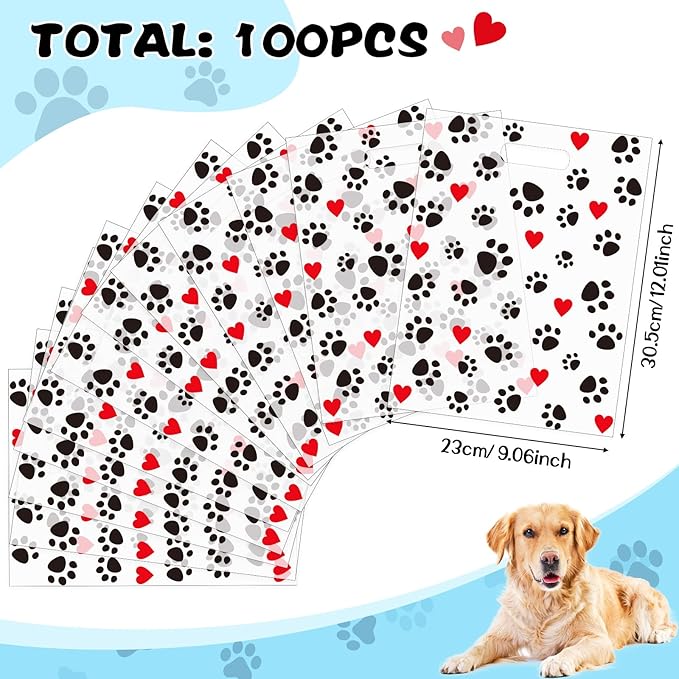 Pasimy 100 Pcs Puppy Dog Paw Gift Bags Plastic Paw Treat Goodie Bags with Handles 9 x 12 Inch for Birthday Holiday Party Favor Supplies Shopping Gift Merchandise Grocery Home Using (Black Red)