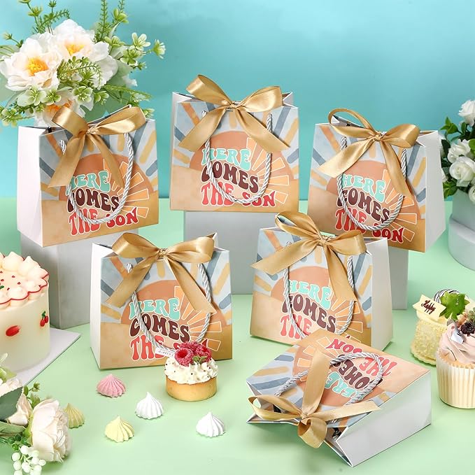 Spakon 25 Sets Here Comes The Son Baby Shower Party Favor Bags Boho Sun Gift Bags with Handles and Bow Ribbons for Baby Shower Birthday Party Decoration Supplies Goodie Souvenirs Treat