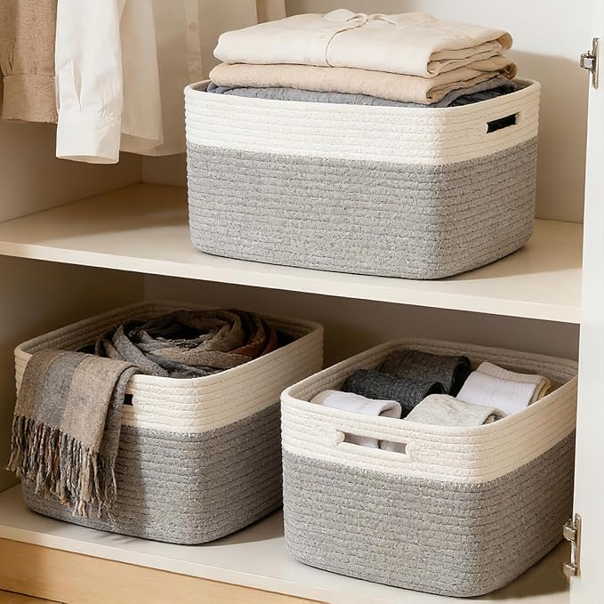 3 Pack Woven Rope Storage Baskets for Organizing,13.5"×11"×9.5"Storage Bins for Shelves,Perfect for Toys,Books,Towels,Clothes,Empty Gift Baskets for Nursery,Living Room&Bedroom(White&Grey)