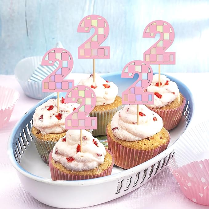 Ercadio 24 Pack Pink Number 2 Cupcake Toppers Pink Checkered Two Cupcake Picks for Smiley Assorted Racing Car Theme Baby Girls 2nd Birthday Party Cake Decoration Supplies