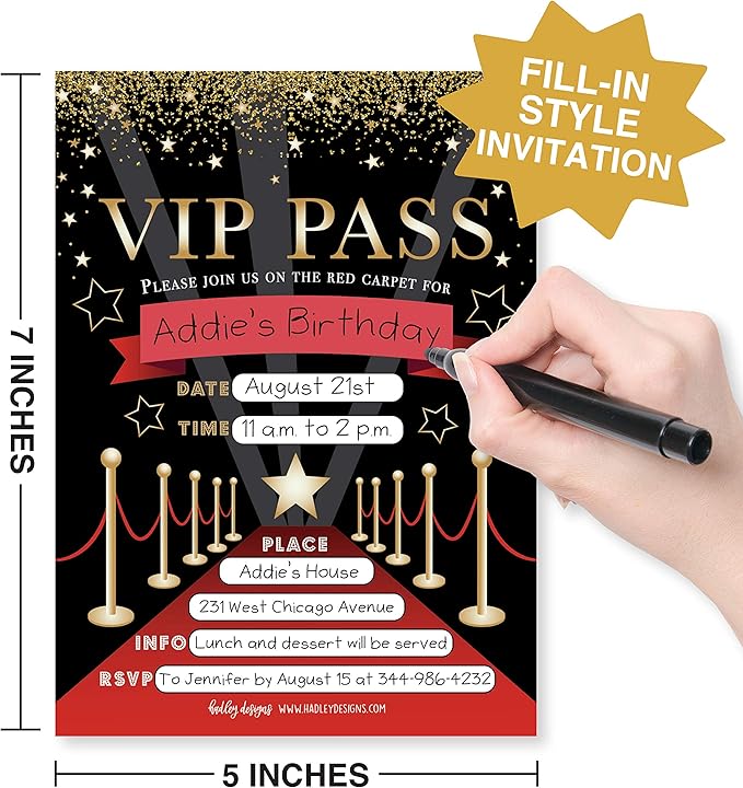 Hadley Designs Kids Birthday Invitations For Boys and Girls VIP Theme - 25 Movie Birthday Party Invitations For Boys, VIP Invites For Girls, Cute Popcorn Party Supplies, Made In USA