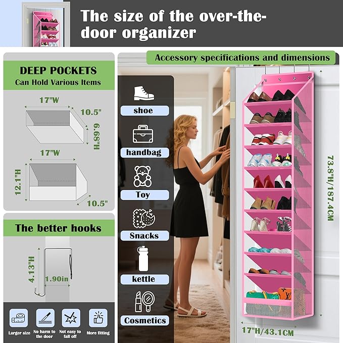 10 - Pocket Over - the - Door Hanging Shoe Organizers & Rack, Made of Sturdy 600D Oxford + Non - Woven Fabric, Space - Saving Storage for Shoes, Boots & More (Pink)