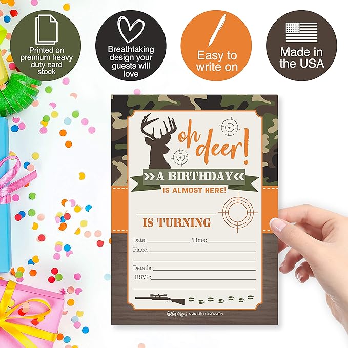 Hadley Designs Kids Birthday Invitations For Boys Camo Theme - 25 Deer Hunting Birthday Party Invitations For Boys, Camouflage Oh Deer Invites For Boy, Cute Hunting Party Supplies, Made In USA