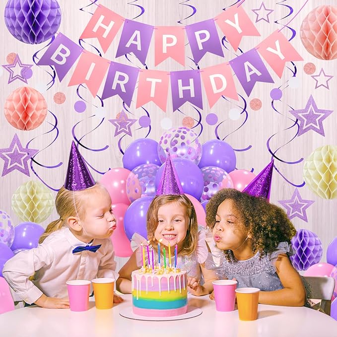 ZERODECO Birthday Decorations, Easy to Assemble Purple Happy Birthday Banner with Honeycomb Ball, Balloon, Hanging Swirl Streamer, Garland, Happy Birthday Party Decorations for Women Girls Kids